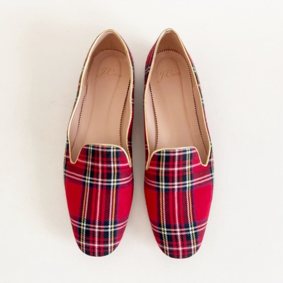 J. Crew Smoking Loafer Red Stewart Tartan Flat Casual Classic Holiday Preppy 8.5 - Picture 1 of 8